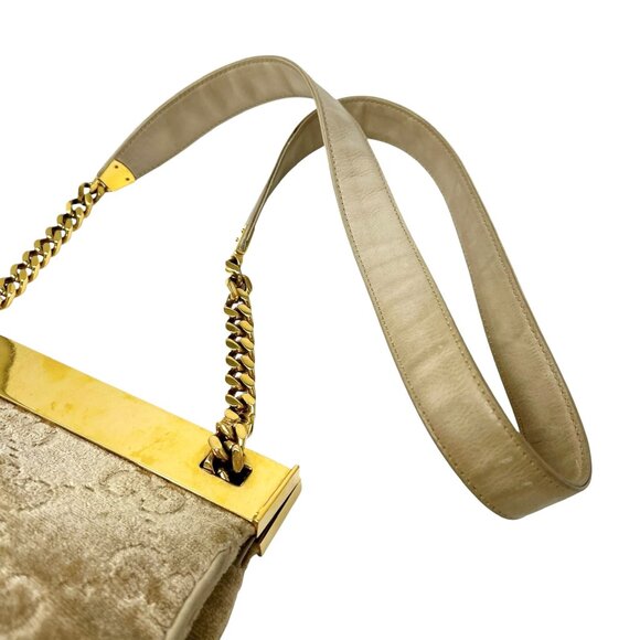 GUCCI Vintage GG Monogram Logo Shoulder Bag Crossbody Cream Gold Velour [105802] - Picture 8 of 13